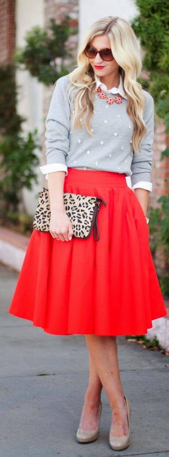 Red Circle Skirt, Button-down, Sweater, And Animal Print Clutch