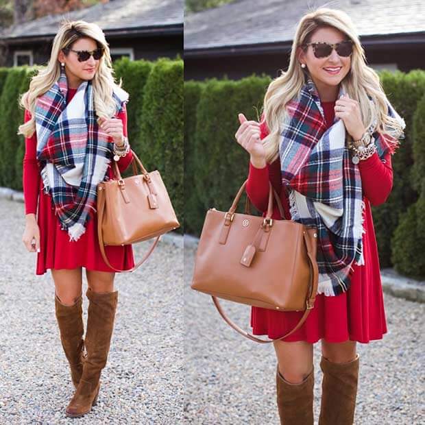 Red Dress, Over-the-knee Boots, And Plaid Blanket Scarf