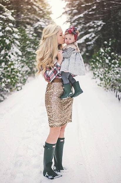 Gold Sequined Skirt, Flannel Shirt, And Wellies