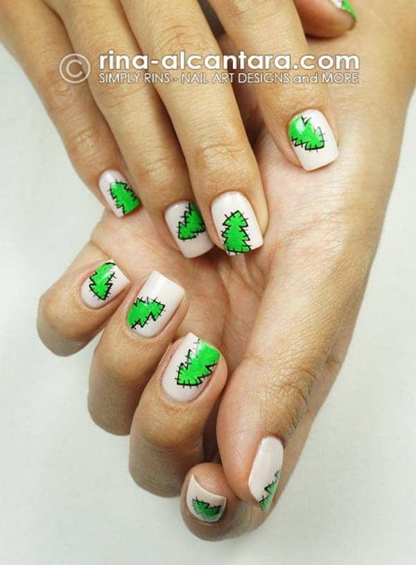 A Cute Christmas Nail Design with Patchwork Trees