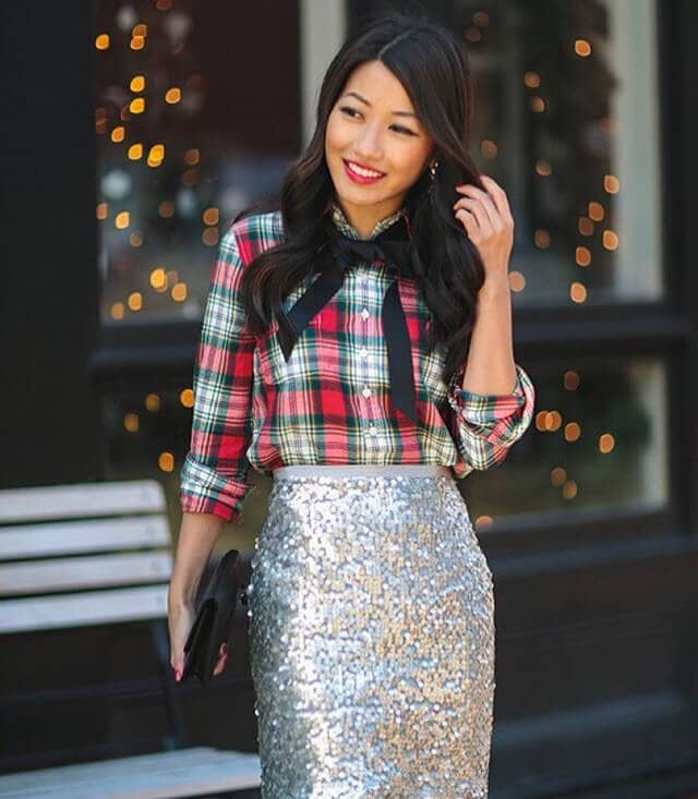 Silver Sequined Skirt And Plaid Flannel Button Down