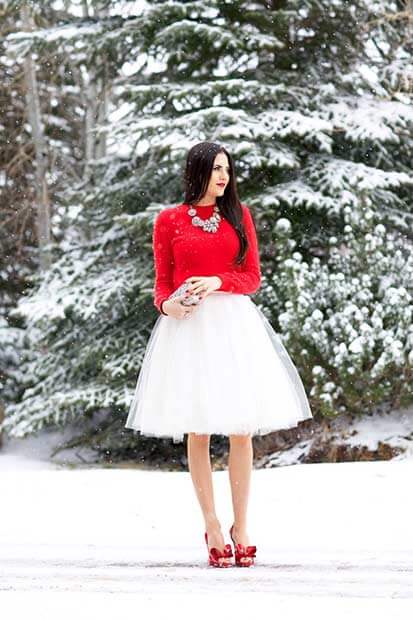 White Ballet Skirt, Red Sweater, And Red Satin Heels