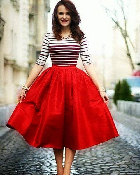 Red Structured Circle Skirt With Stripped Top