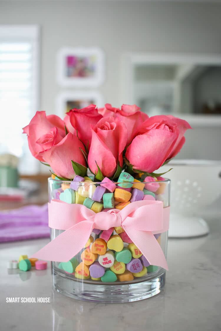 Decorative Jar of Valentine's Day Candy & Pink Roses
