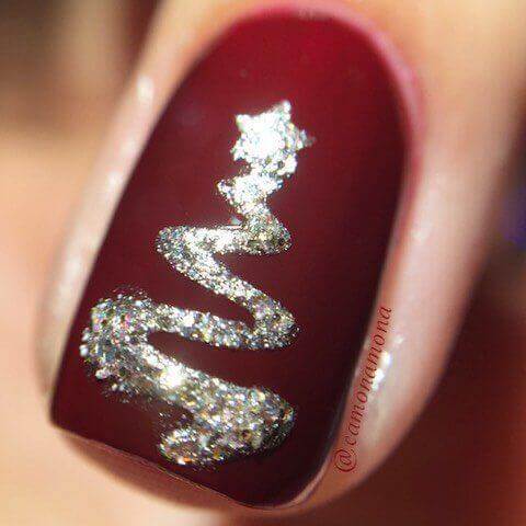 Crimson Nail With Silver Glitter Christmas Tree