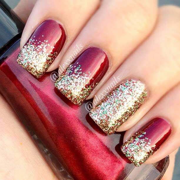 Crimson Micro Glitter with Gold Glitter Ombré Tips