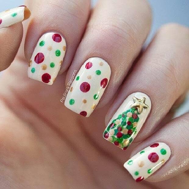 White with Polka Dots and Christmas Tree Nail Art