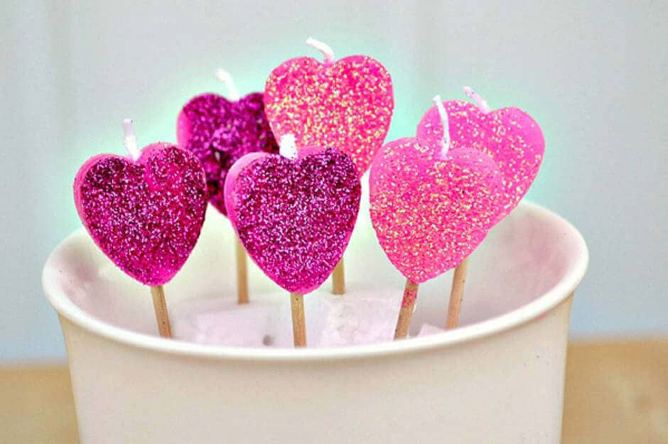 Heart-Shaped Pink and Purple Glitter Candles On-A-Stick