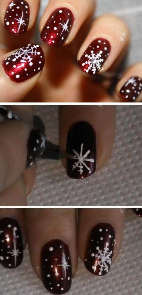 Shimmery Red with Snowflake Nail Design