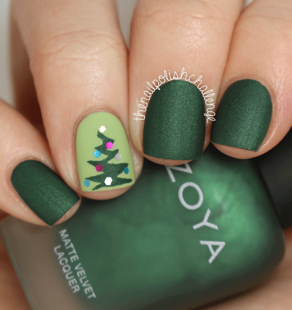 Matte Green with Christmas Tree Nail Art