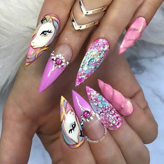 Unicorn Art Stiletto Nails