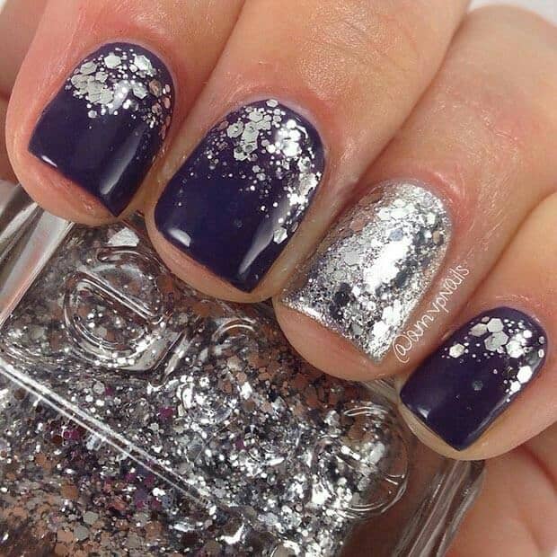 Glossy Eggplant Polish With Silver Glitter Accents