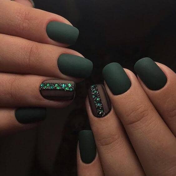 Deep Matte Green With Emerald Gem Accent Nails