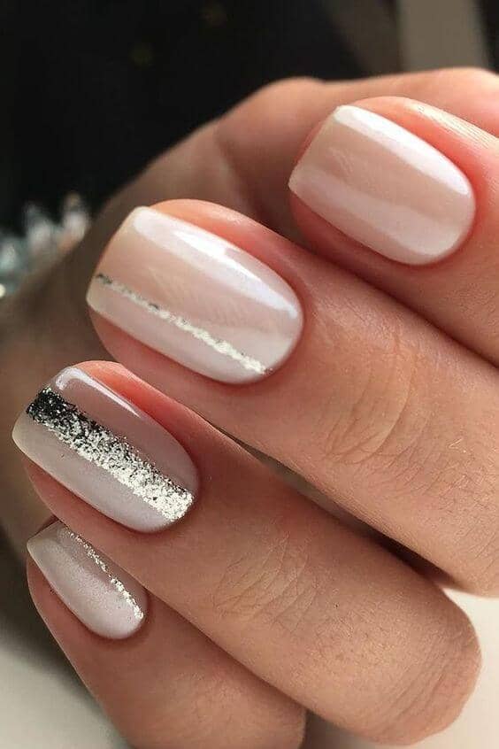 Nude Manicure with Silver Stripes