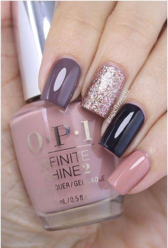 Glossy Lavender, Black, And Blush With Glitter Accent Nail