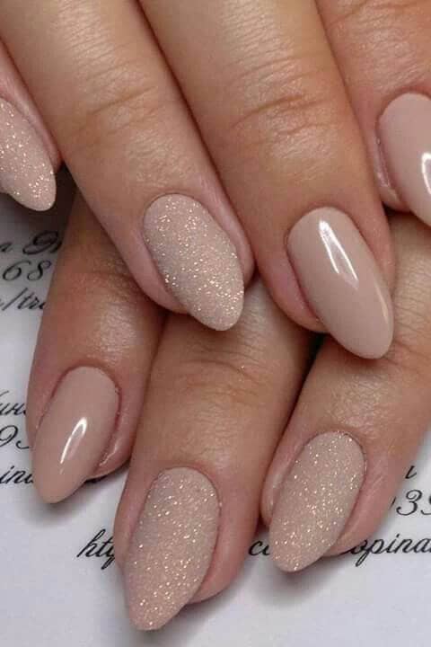 Beige Oval and Glitter Acrylic Nails Mixture