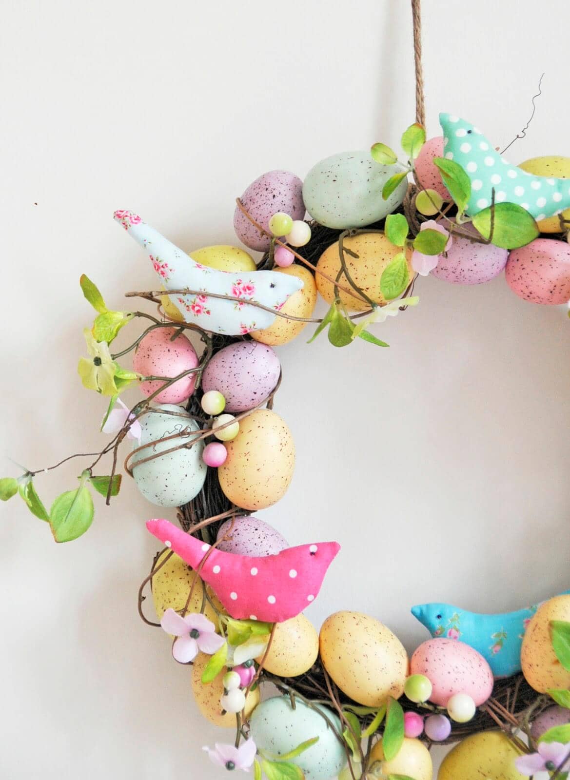 Stitched Songbirds Nestled in Wreath With Eggs