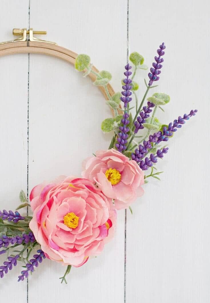 Spring Flowers Tucked in Embroidery Hoop Wreath