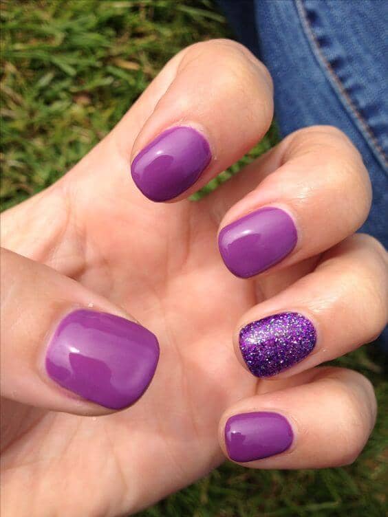 Purple Short Nails with Glitter Accent