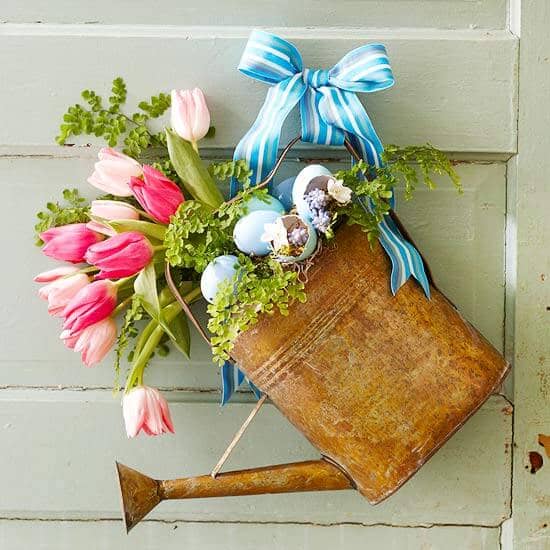 Bouquet Nestled in Hanging Rustic Watering Can