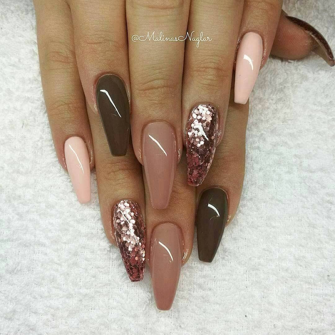 Coffee Cream and Glitter Long Acrylic Nails