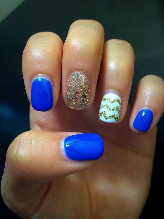 Blue, Chevron, and Glitter Shellac Nail Designs