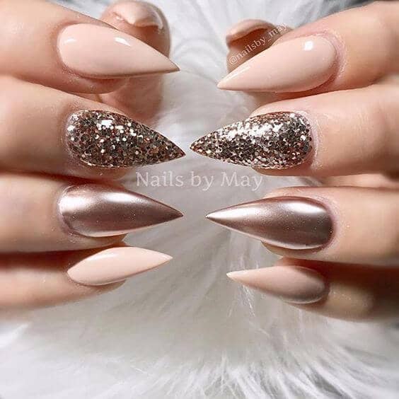 Sparkles with Gold and Creme Pointed Acrylic Nails