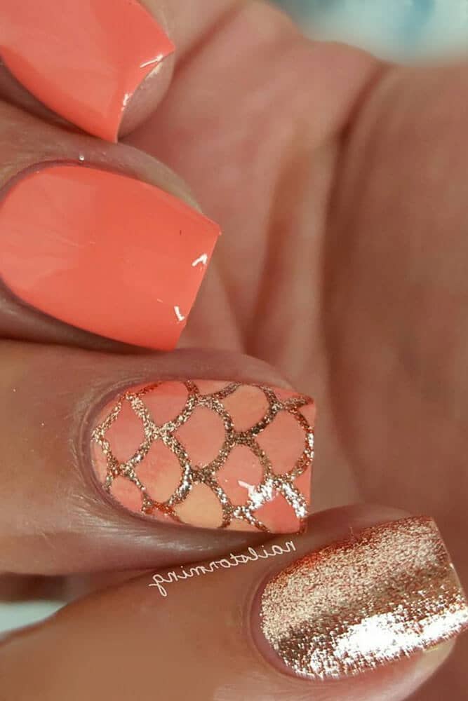 Cute Coral and Gold Nail Art