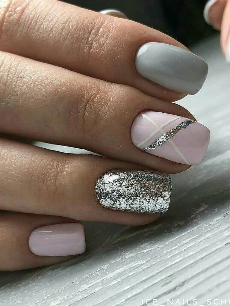 Pink, Grey, and Glitter Shellac Nails