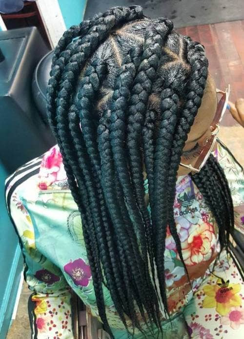 Side Parted Goddess Box Braids with Geometric Patterns