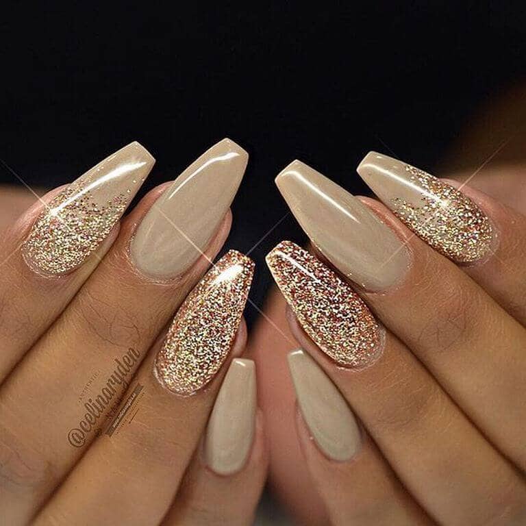 Toffee and Glitter Long Nail Design