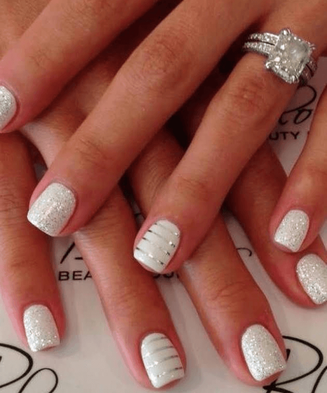 Stripes and Sparkle Make White Nails Sing Gel Nail Design