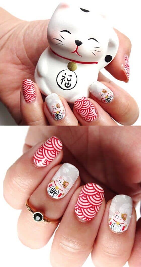 Red Acrylic Nails with Asian Kittys