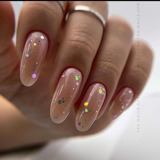 Nude Almond Nails with Sparkles Gel Nails
