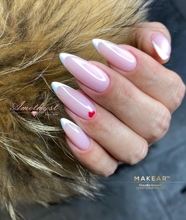 French Stiletto Nails with Mini Hearts Created by a Nail Artist
