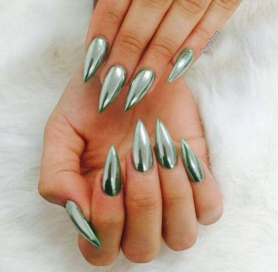 Extra Pointed Green Chrome Nails with Chrome Powder