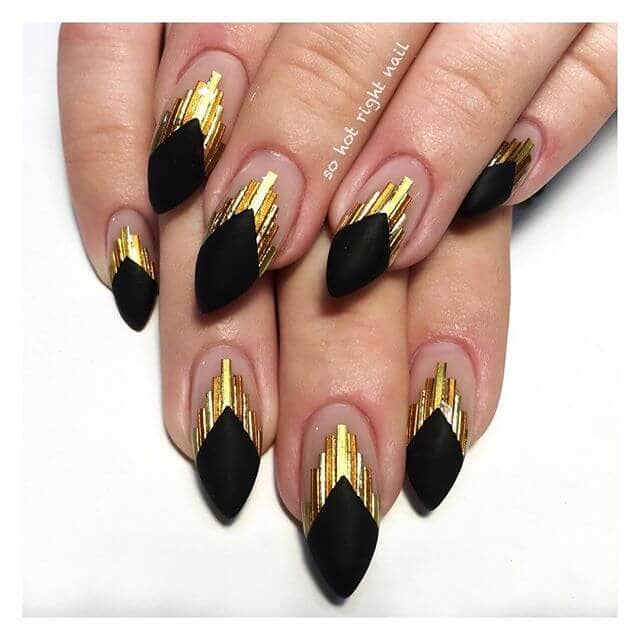 Matte Black and Embellished Gold Nails