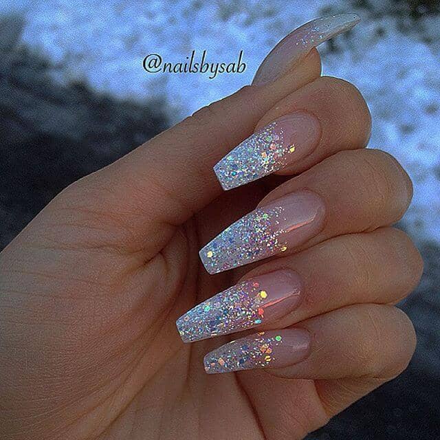 Nude With Sparkly Glitter Tip Nails