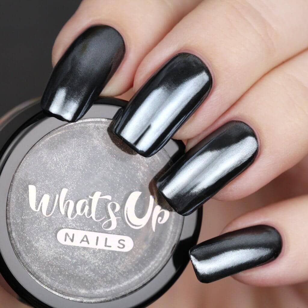 Square-Tipped Long Black Chrome Nails