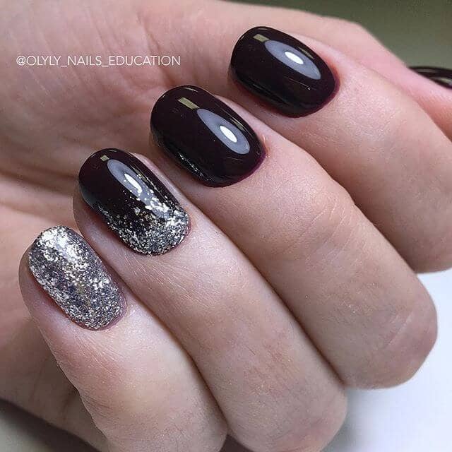 Silver Glitter and Glossy Black Nails
