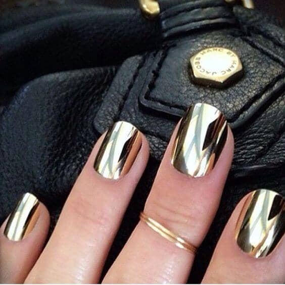 Short Square-Tipped Metallic Gold Nails with with Chrome Powder