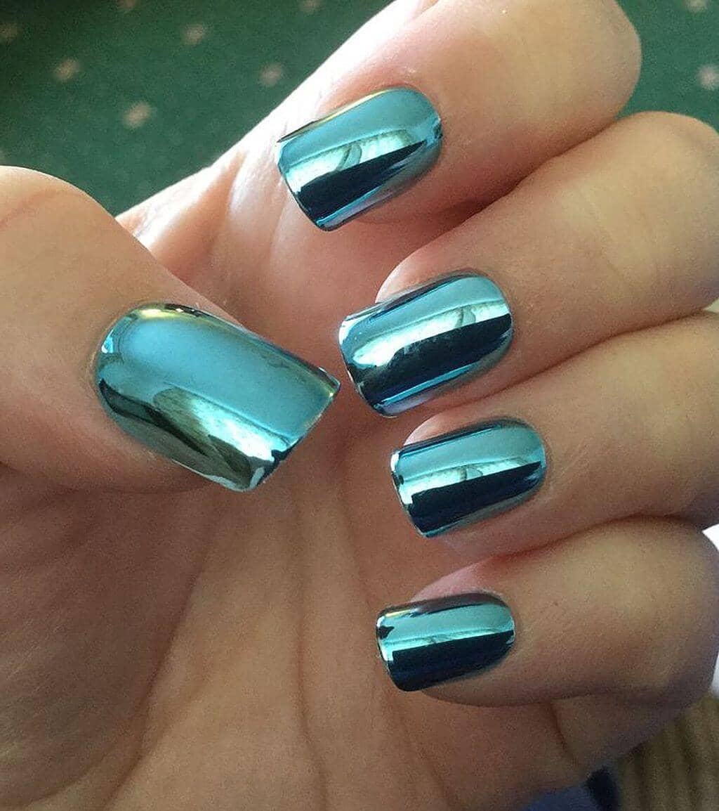 Simple Square-Tipped Aqua Chrome Nails