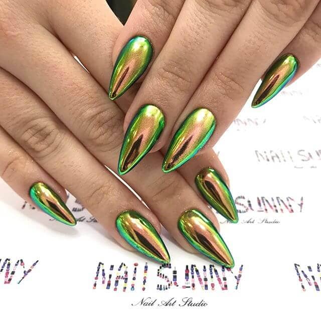 Witchy Holographic Green Pointed Nails