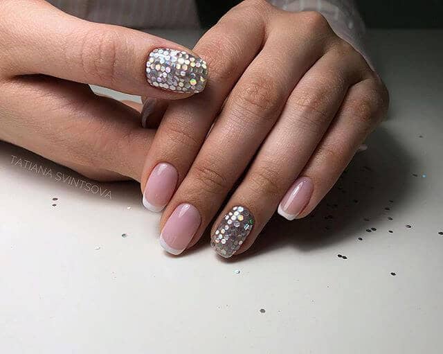 Sequined Chrome Accents with French Tips with Chrome Powder