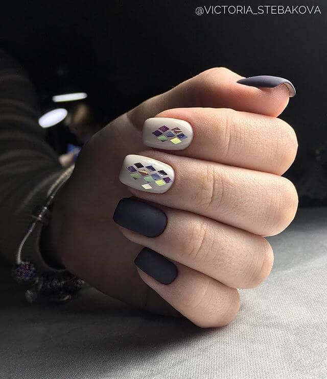 Matte Black and Shiny Diamond Nails