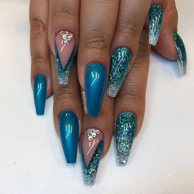 Electric Blue Glitter Nails With Silver