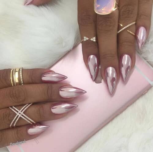 Long and Sharp Baby Pink Chrome Nails<
