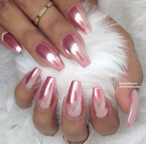 Long and Sharp Baby Pink Chrome Nails<