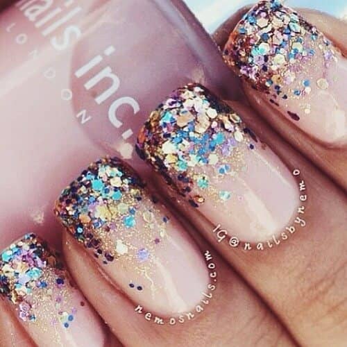 Beige Nails With Chunk Glitter and Gold Tips