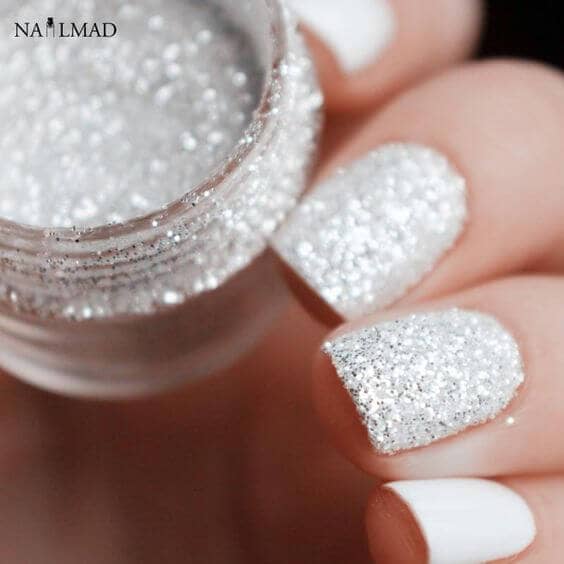 Perfect White Wedding Nails With Silver Glittery Shimmer